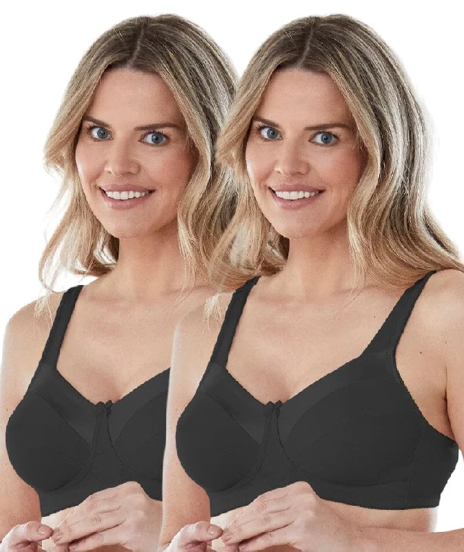 Bestform Satin Trim Wire-Free Cotton Bra With Unlined Cups 2 Pack - Black