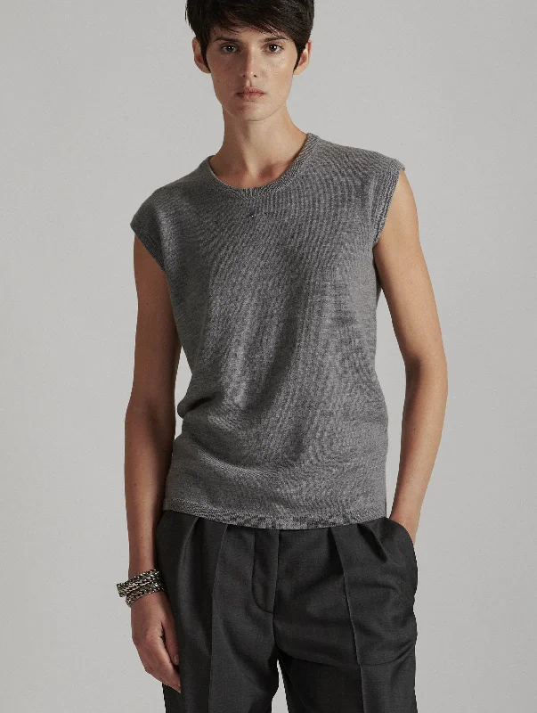 Grey sleeveless merino knit crew neck sweater