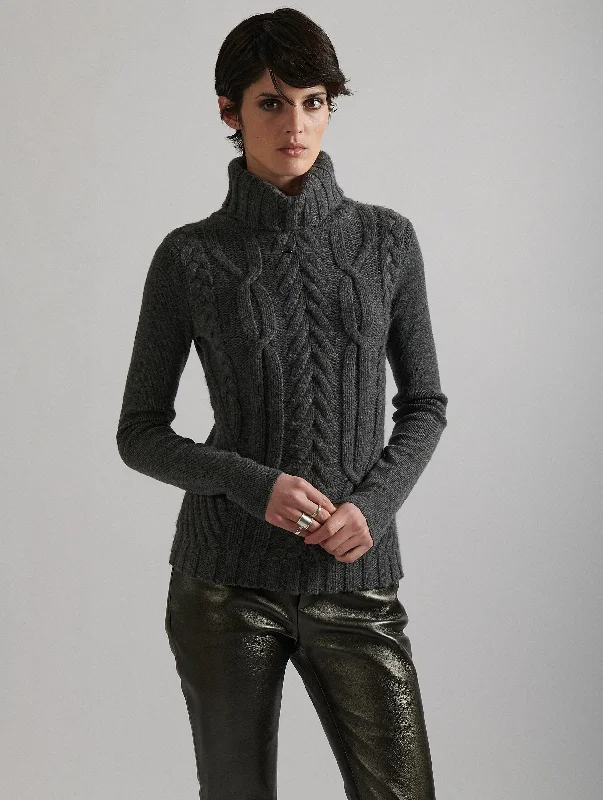 Grey cashmere cable-knit turtleneck sweater