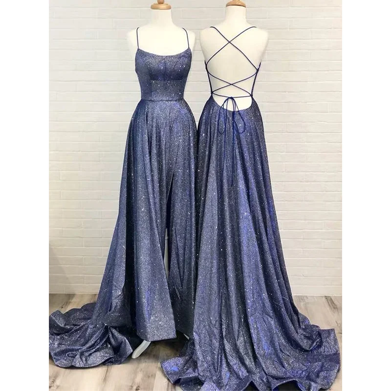 Spaghetti Straps Navy Blue Shinning Long Prom Dresses PD2284