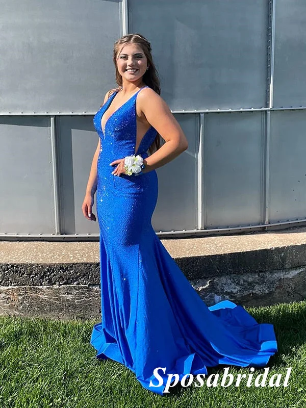 Sexy Navy-Blue Soft Satin Spaghetti Straps V-Neck Mermaid Long Prom Dresses, PD3945