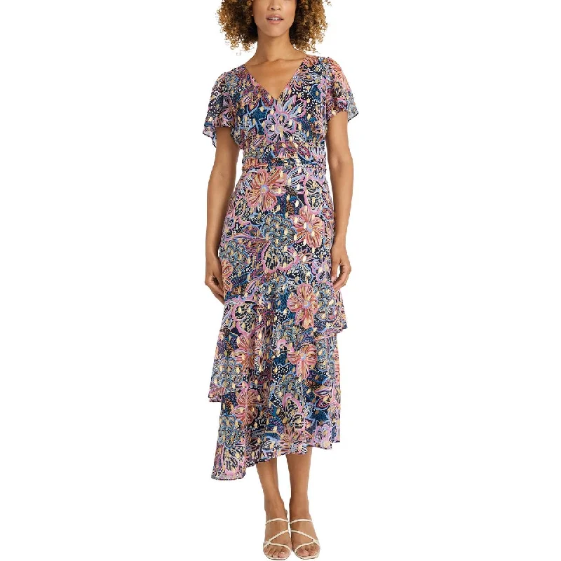 Womens Ruffled Floral Print Midi Dress