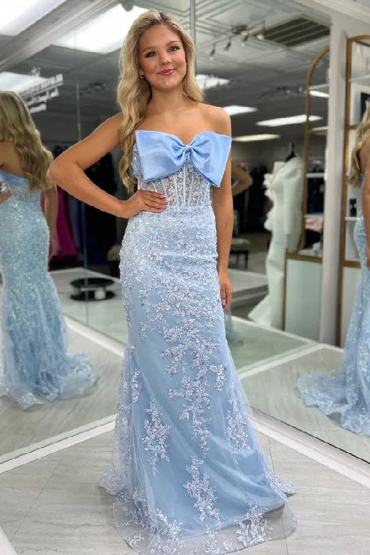 Stunning Blue Strapless Lace Appliques Mermaid Prom Dress with Bow