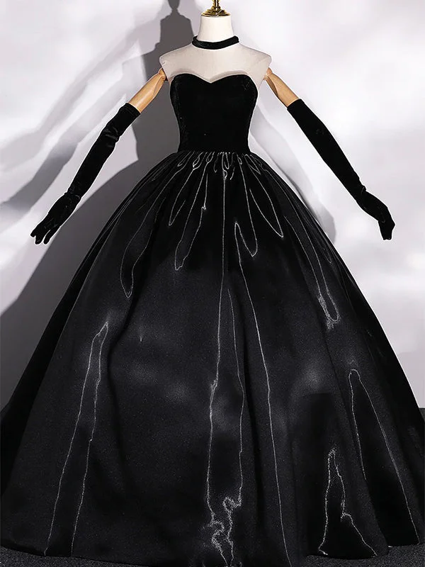 Black Velvet Liquid Satin Top Strapless Sweetheart A-line Long Prom Dress, PD3538