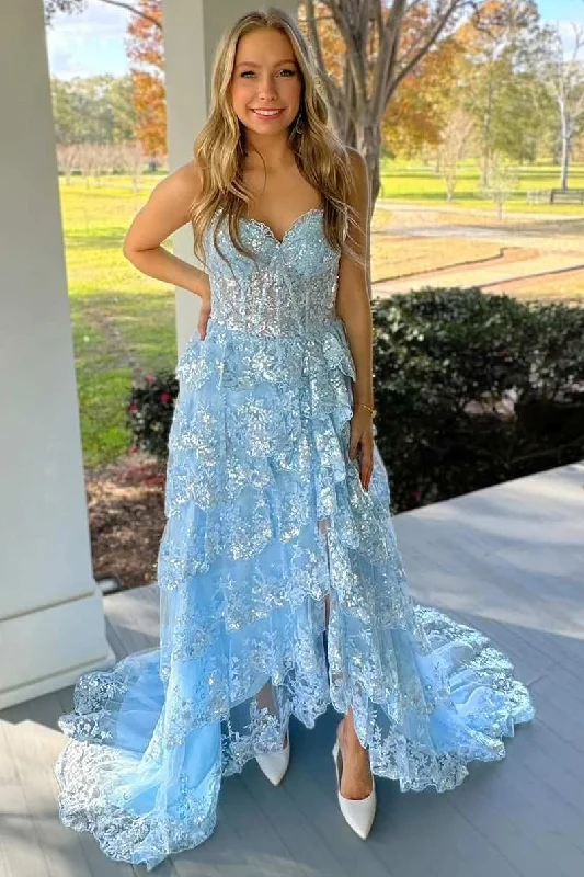 Blue Strapless A-Line V-Neck Sequins Appliques Tiered Prom Dress with Slit