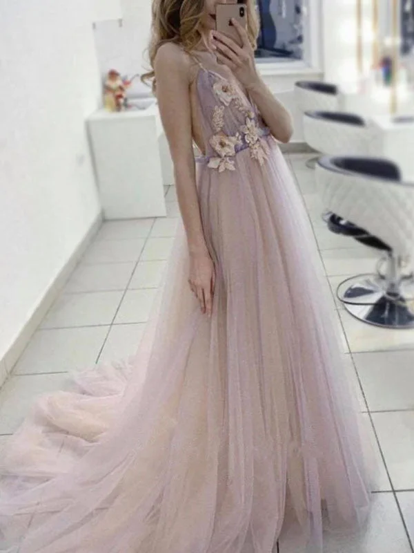 Dusty Pink Spaghetti Strap Floral Applique A-line Long Tulle Prom Dress, PD3162