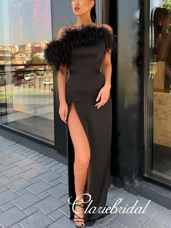 Off Shoulder Long Sheath Black Feather Satin Prom Dresses, Side Slit Long Prom Dresses, Prom Dresses