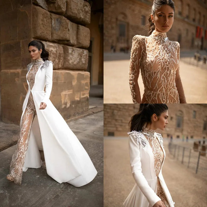 Sexy Open Back Pant Suit Vintage Champagne Wedding Jumpsuit With Long Coat Jacket Lace Applique Beaded High Neck Two Pieces