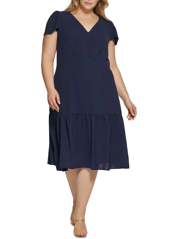 Plus Womens Drop-waist V-neck Midi Dress