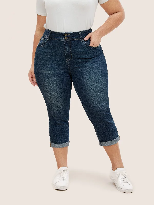 Skinny Roll Hem Cropped Button Up Jeans