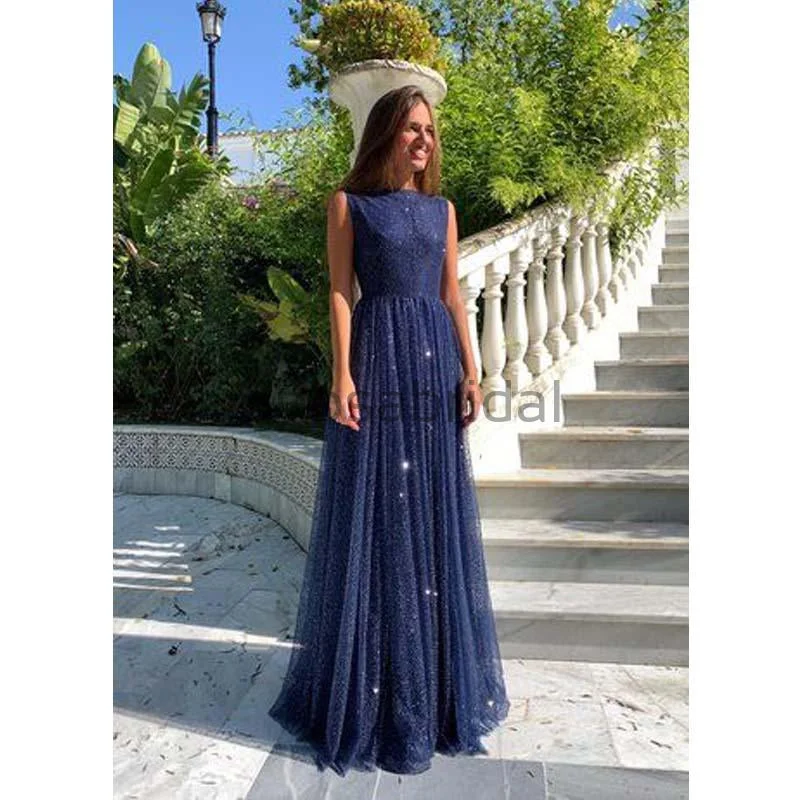 A-Line Navy Blue Sequin Sleeveless Tulle V-Neck Sparkly Long Prom Dresses PD1968