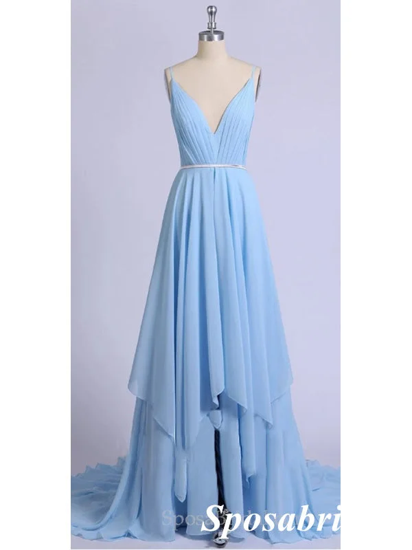 Sexy Blue Chiffon Spaghetti Straps V-Neck Sleeveless A-Line Long Prom Dresses, PD3960