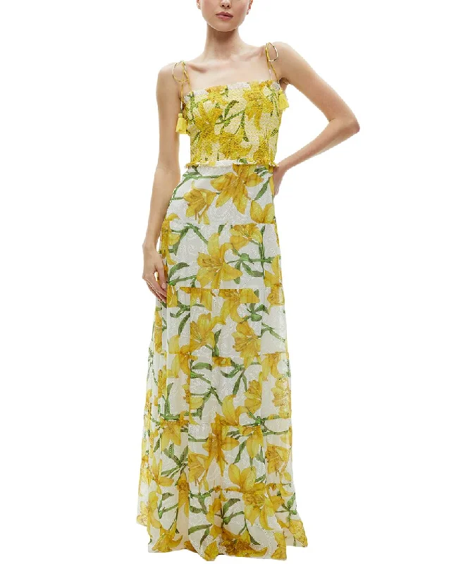 alice + olivia Marna Tiered Midi Tie Strap Dress