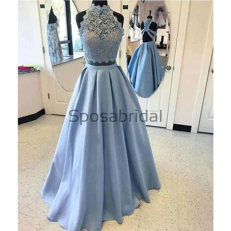 Blue Two Pieces Lace Satin A-line High Neck Long Modest Prom Dresses, Prom Dress PD1828