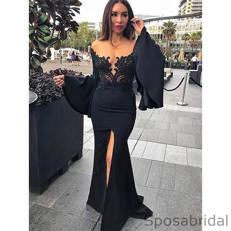 Sexy Mermaid Trumpet Sleeve Black Satin Long Prom Dresses with Lace Split PD2395