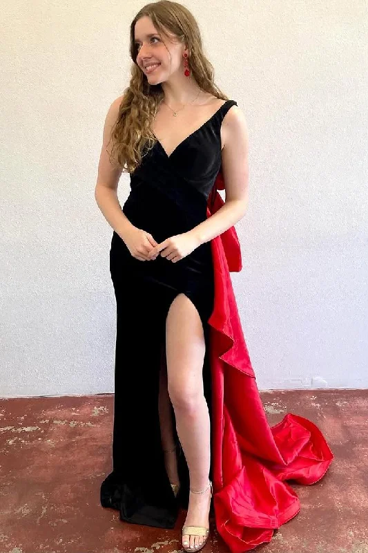 Mermaid V-Neck Straps Side Slit Big Bow Long Formal Prom Dress