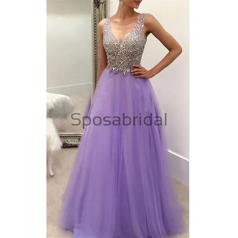 A-line Tulle V-Neck Strapless Fashion Sparkly Modest Prom Dresses, Long Prom Dresses PD1812