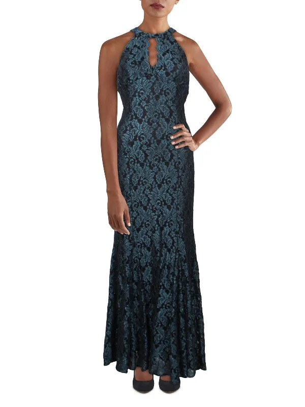 Petites Womens Glitter Lace Evening Dress