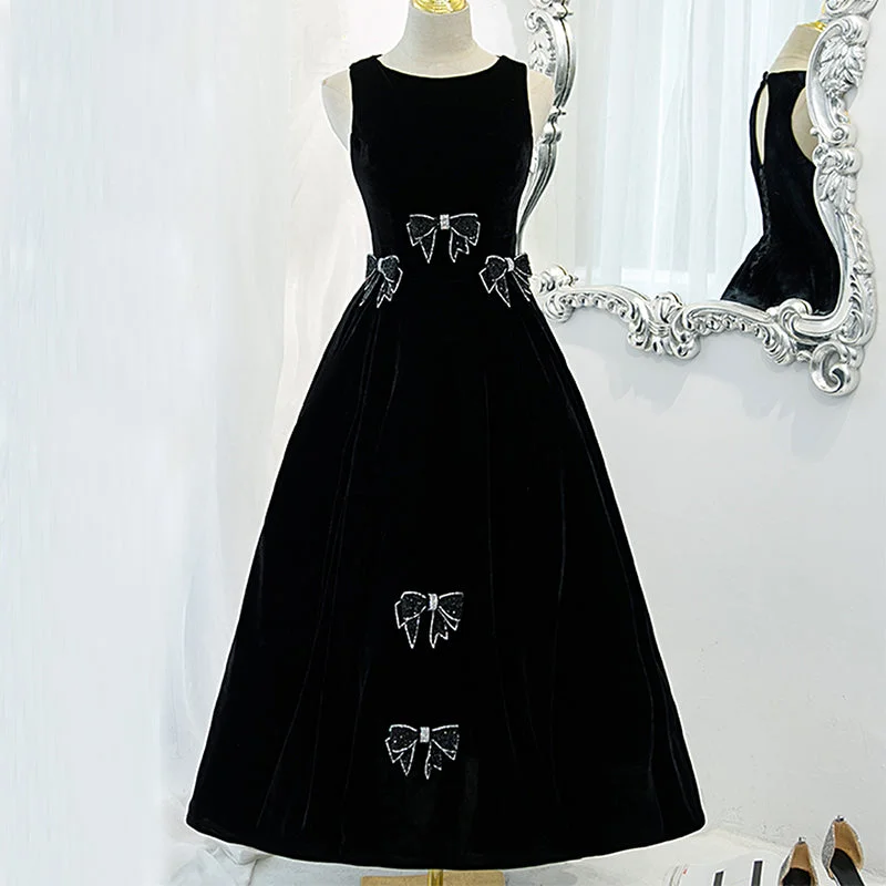 Elegant Black Sleeveless Jewel Neck Bow Ties A-line Long Prom Dress, PD3323