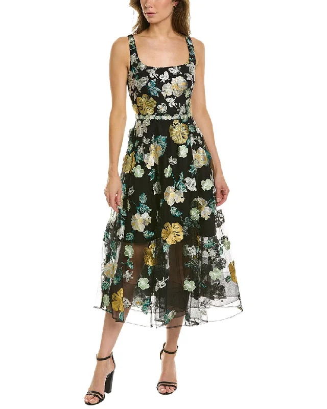 Marchesa Notte Embroidered Midi Dress