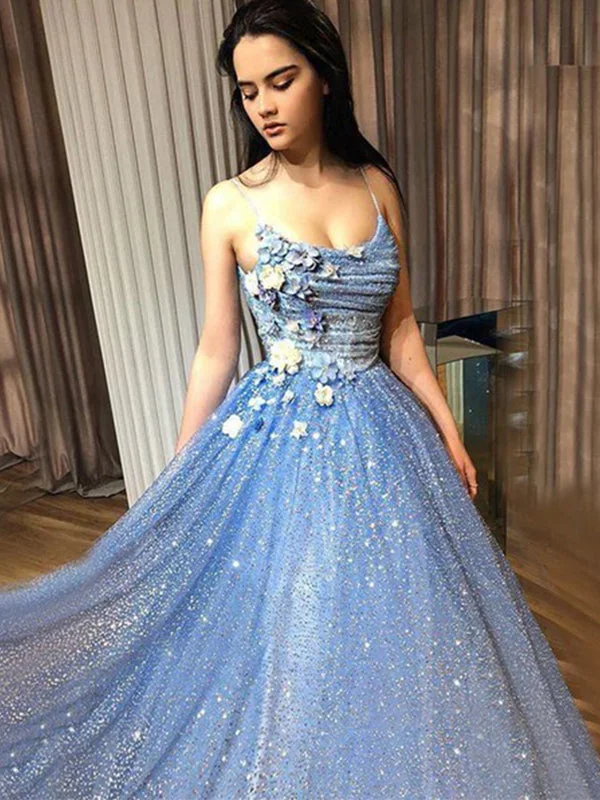 Sparkly Blue Spaghetti Straps Floral Top A-line Long Prom Dress, PD3242