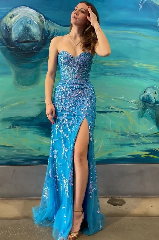 Strapless Sweetheart Lace Appliques Mermaid Prom Dress with Slit