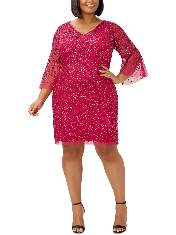 Plus Womens Sequined Short Cocktail and Party Dress