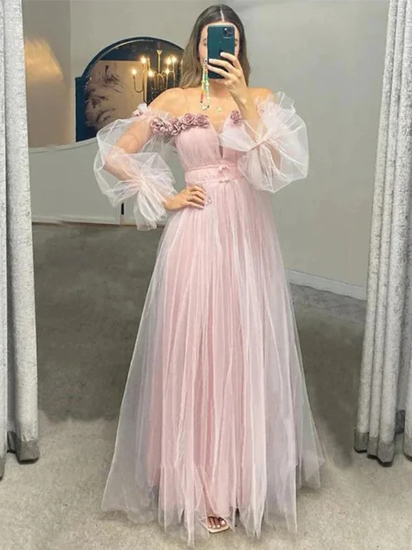 Sexy Blush Pink Off-shoulder Tulle A-line Long Prom Dress, PD3314