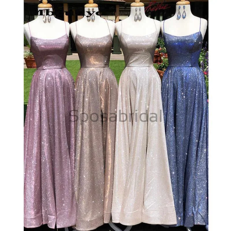 Charming A-line Sparkly Spaghetti Straps Long Vintage Shining Simple Prom Dresses PD1767