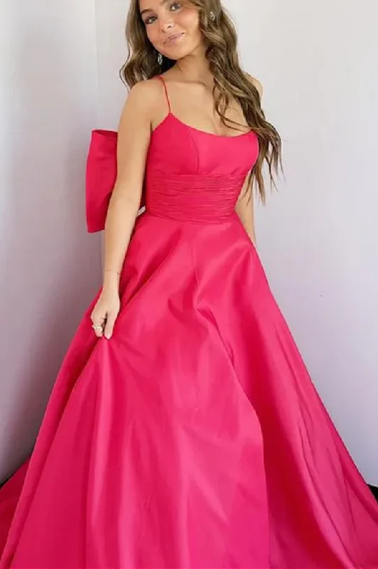 A-Line Spaghetti Straps Big Bow Scoop Neck Satin Formal Prom Dress