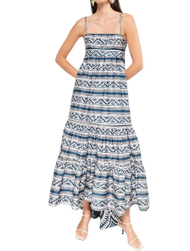 Balsa Midi Dress In Blue Tribal Border