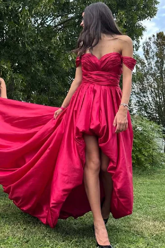 Off-Shoulder Sweetheart Pleated Satin A-Line Formal Prom Dress with Train