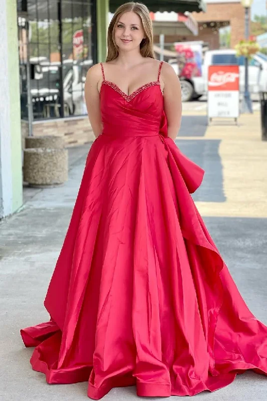 A-Line Spaghetti Straps V-Neck Satin Pleated Formal Prom Dress with Bow