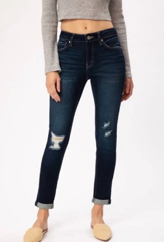 Distressed Mid Rise Jean In Dark Wash