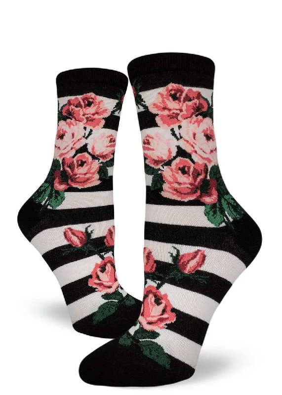 ZZNB-11/24_Women's Romantic Rose Crew Socks (Black & White Stripe)