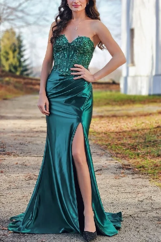 Green Sweetheart Strapless Appliques Pleated Mermaid Prom Dress with Slit