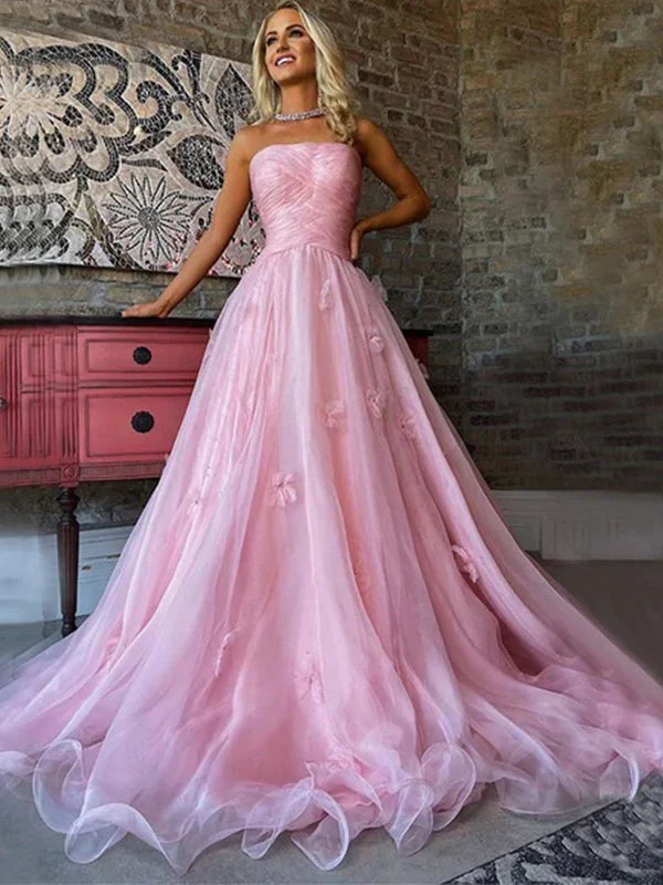 Strapless Straight -across Pink Pleats Top A-line Long Prom Dress, PD3265