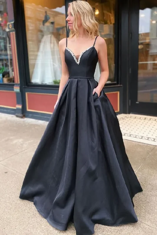 Black Spaghetti Straps V-Neck Beads Satin Long Formal Prom Dress