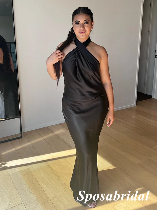 Sexy Black Soft Satin Halter Sleeveless Mermaid Long Prom Dresses, PD3920