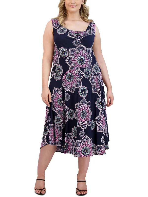 Plus Womens Printed Cowlneck Midi Dress