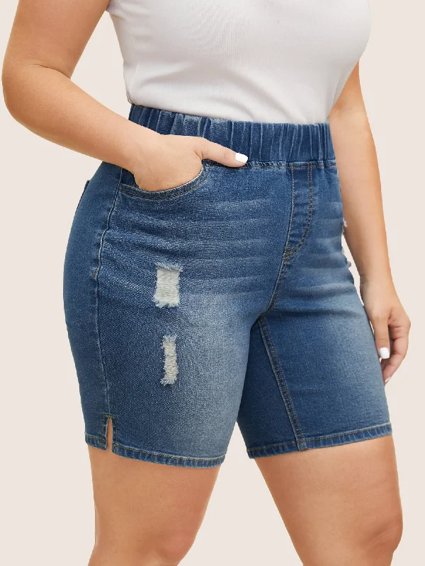 Medium Wash Elastic Waist Distressed Denim Shorts