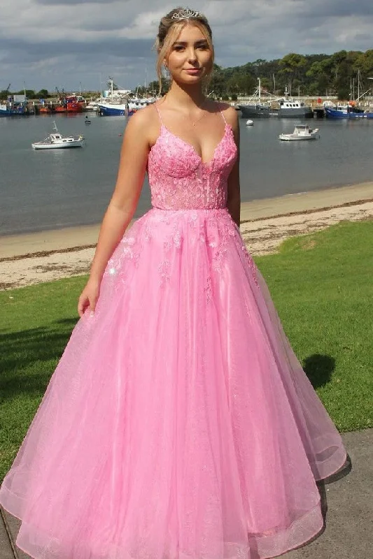 Pink A-Line V-Neck Spaghetti Straps Appliques Prom Dress