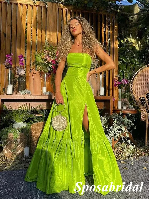 Sexy Lime Green Satin Sweetheart Sleeveless Side Slit A-Line Long Prom Dresses, PD3876