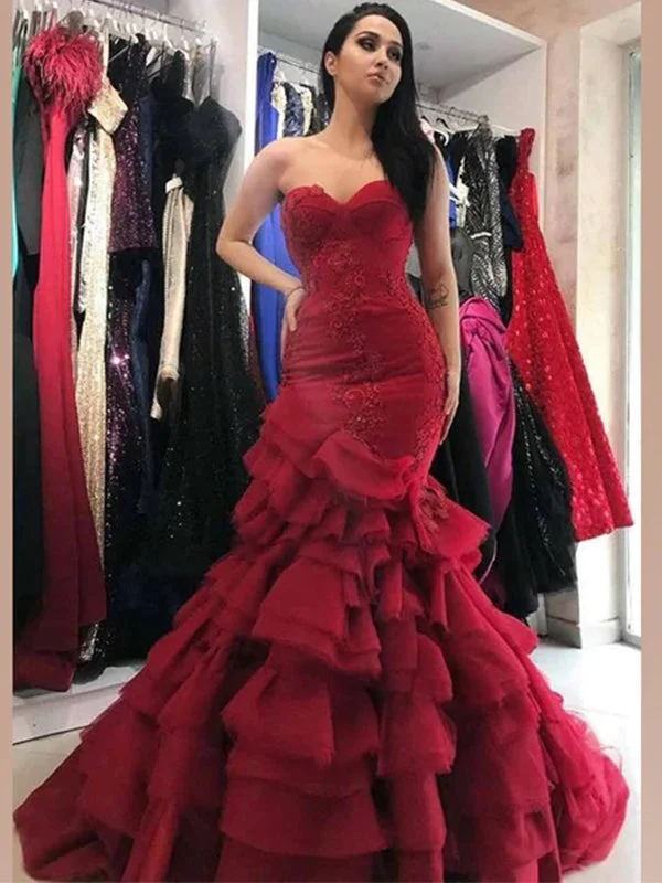 Sexy Red Sweetheart Strapless Mermaid Long Ruffle Pleats Long Prom Dress, PD3166