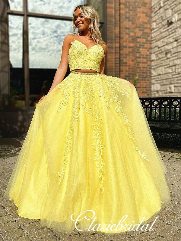 2 Pieces Yellow Lace Beaded Prom Dresses, Tulle Prom Dresses, Long Prom Dresses, Cheap Prom Dresses