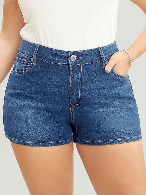 Skinny Very Stretchy High Rise Dark Wash Contrast Denim Shorts