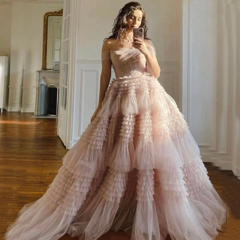 Blush Pink Off-shoulder A-line Ruffle Long Princess Prom Dress, PD3374