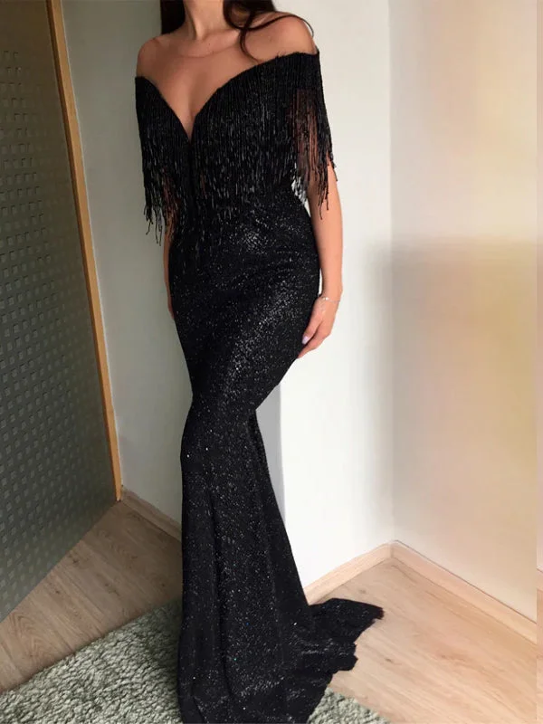 Sexy Black Modest Sweetheart Sequin Tassel Mermaid Long Prom Dresses, PD1130