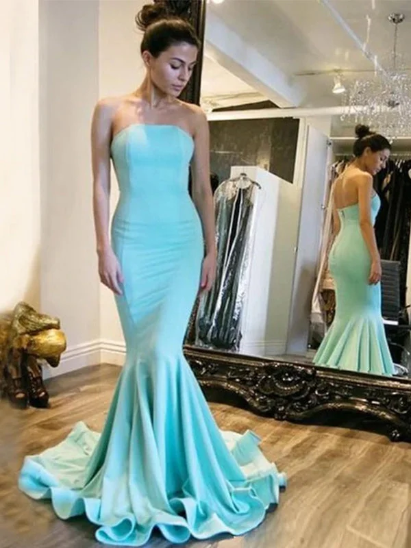 Sexy Blue Strapless Straight Across Mermaid Trumpet Long Prom Dress, PD3254