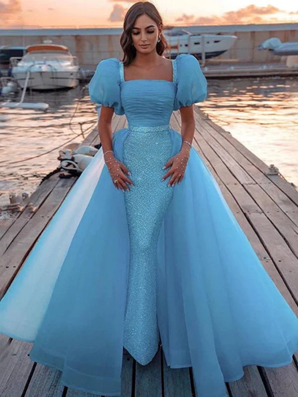 Blue Bubble Sleeves Spoon Neck Mermaid Sequin Detachable Long Prom Dress, PD3245